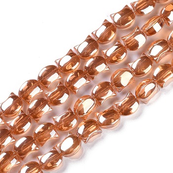 Electroplate Glass Beads Strands, Pearl Luster Plated, Cat Shape, Coral, 8x10x5mm, Hole: 1mm, about 65pcs/strand, 24.41''(62cm)