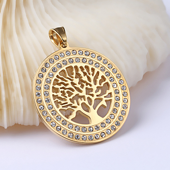 304 Stainless Steel Pendants, with Rhinestones, Flat Round with Tree of Life, Golden, 43.5x40x3mm, Hole: 5.5x8.5mm