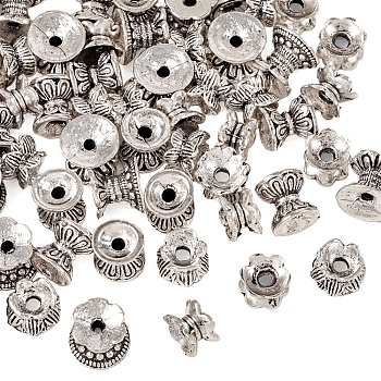 60Pcs 4 Styles Tibetan Style Alloy Bead Caps, Double Sided, Antique Silver, 5.5~8.5x7~9.5mm, Hole: 1.8~2mm, 15pcs/style