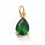 Brass Micro Pave Cubic Zirconia Pendants, with Jump Ring, Teardrop, Rose Gold, Green, 11.5x6.5x4mm, Hole: 3mm(ZIRC-E164-64G-C)