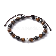 Natural Tiger Eye & Obsidian Round & Brass Cross Braided Bead Bracelets, Adjustable Bracelet, Inner Diameter: 2-1/4~4-1/8 inch(5.8~10.3cm)(BJEW-JB09704-01)