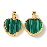 Natural Malachite Pendants, Heart Charms, with Golden Plated 925 Sterling Snap on Bails, 16x14x3mm, Hole: 4.5x3.5mm(G-M407-02G)
