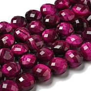 Natural Tiger Eye Beads Strands, Faceted, Dyed, Flat Round, Fuchsia, 10x7~7.5mm, Hole: 1.2mm, about 38pcs/strand, 14.92''(37.9cm)(G-K351-A06-03)