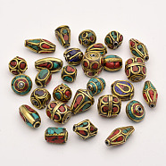 Handmade Tibetan Style Beads, Brass with Synthetic Coral and Turquoise, Antique Golden, 8~25x8~13mm, Hole: 1~2.5mm(TIBEB-G001-M2)