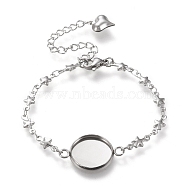 304 Stainless Steel Bracelet Making, with Lobster Claw Clasps, Star Link Chains and Flat Round Cabochon Settings, Stainless Steel Color, Tray: 12mm, 6 inch(15.3cm)(STAS-L248-008P-A)