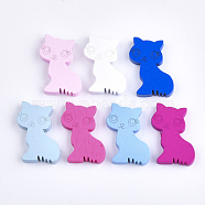 Kitten Natural Wood Beads, Dyed, Cartoon Cat Shape, Mixed Color, 29x24x5mm, Hole: 2mm, about 545pcs/500g(WOOD-T012-03)