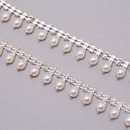 Brass & ABS Imitation Pearl & Rhinestone Cup Chains, with Iron, with Spool, Silver, 20x8mm(CHC-WH0007-02)
