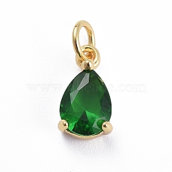 Brass Micro Pave Cubic Zirconia Pendants, with Jump Ring, Teardrop, Rose Gold, Green, 11.5x6.5x4mm, Hole: 3mm(ZIRC-E164-64G-C)