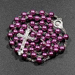 Plastic Imitation Pearl Rosary Bead Necklace for Easter, Alloy Crucifix Cross Pendant Necklace with Iron Chains, Purple, 27.56 inch(70cm)(PW23031886840)