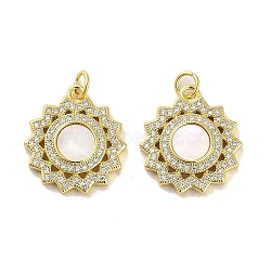 Brass Micro Pave Clear Cubic Zirconia Pendants, with Shell, Jump Rings, Real 18K Gold Plated, Round, 20.5x18x4mm, Hole: 3.5mm(KK-K365-05F-G)