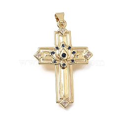 Brass Micro Pave Blue Cubic Zirconia Pendants, Cross with Lotus Charms, Real 18K Gold Plated, 38x25x3.5mm, Hole: 8x3.5mm(CU-CBA4BAF-02G)