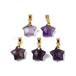 Natural Amethyst Charms, with Golden Plated Brass Findings, Faceted Star, Star: 12x12.5x5.5mm, Hole: 3.5x4mm(X-G-N326-142-03)