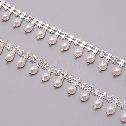 Brass & ABS Imitation Pearl & Rhinestone Cup Chains, with Iron, with Spool, Silver, 20x8mm(CHC-WH0007-02)