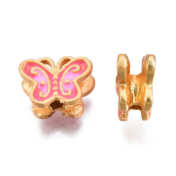 Alloy Enamel Beads, Matte Style, Cadmium Free & Lead Free, Matte Gold Color, Butterfly, Pearl Pink, 9x11x5.5mm, Hole: 1.8mm