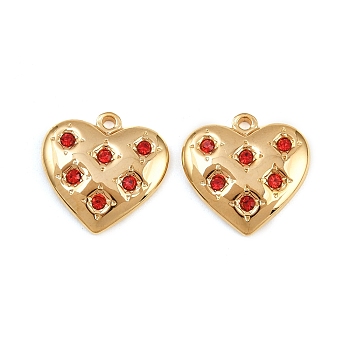 304 Stainless Steel Rhinestone Pendants, Heart, Real 18K Gold Plated, Ion Plating(IP), Red, 15x15x3mm, Hole: 1.4mm