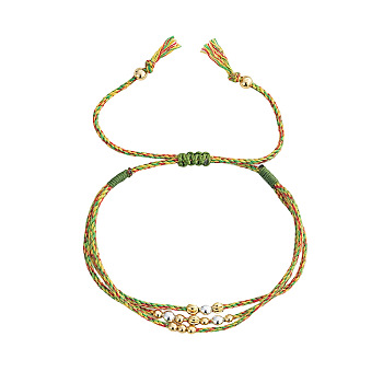 Adjustable Nylon and Cotton Multi-strand Bracelets, with Metal Beads, Green Yellow, Inner Diameter: 11.02 inch(28cm)
