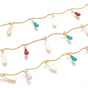 Handmade Brass Bar Link Chains, with Enamel Charms and Spool, Soldered, Long-Lasting Plated, Teardrop, Colorful, Real 18K Gold Plated, 18.5x1mm, about 32.8 Feet(10m)/roll