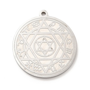 304 Stainless Steel Pendants, Flat Round with Constellation & Star of David Pattern Charm, Stainless Steel Color, 33x30x2mm, Hole: 1.8mm
