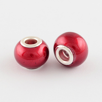 Spray Painted Glass European Beads, with Brass Silver Color Plated Cores, Large Hole Beads, Rondelle, FireBrick, 15x12mm, Hole: 5mm