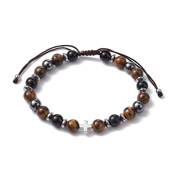 Natural Tiger Eye & Obsidian Round & Brass Cross Braided Bead Bracelets, Adjustable Bracelet, Inner Diameter: 2-1/4~4-1/8 inch(5.8~10.3cm)
