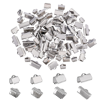 240Pcs 4 Style 304 Stainless Steel Ribbon Crimp Ends, Stainless Steel Color, 6~9.5x6.5~13mm, Hole: 2.5~3x1~2mm, 60pcs/style