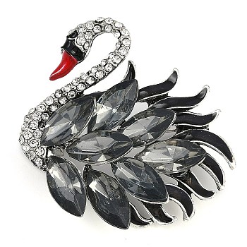 Zinc Alloy Black Diamond Rhinestone Brooch, for Clothes, Antique Silver, Swan, 44.5x44mm