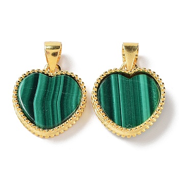 Natural Malachite Pendants, Heart Charms, with Golden Plated 925 Sterling Snap on Bails, 16x14x3mm, Hole: 4.5x3.5mm