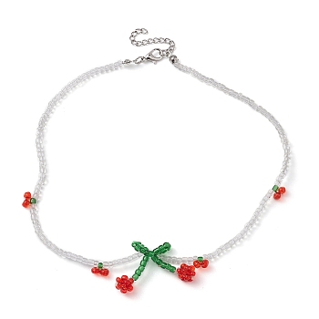 Glass Seed Beaded Cherry Pendant Necklace, with 304 Stainless Steel Clasp, Red, 14.76 inch(37.5cm)