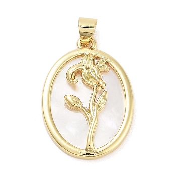 Rack Plating Brass Pave Shell Pendants, Oval with Flower Charms, Long-Lasting Plated, Lead Free & Cadmium Free, Real 18K Gold Plated, 25x17.5x3mm, Hole: 5x3.5mm