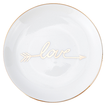 Ceramic Jewelry Dishes, Display Plates, Cosmetics Organizer Storage Trays, Flat Round with Word Love, White, 101x17.5mm