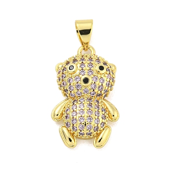 Brass Micro Pave Cubic Zirconia Pendants, Real 18K Gold Plated, Bear, Pink, 21x13x6mm, Hole: 3x5mm