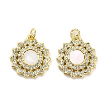 Brass Micro Pave Clear Cubic Zirconia Pendants, with Shell, Jump Rings, Real 18K Gold Plated, Round, 20.5x18x4mm, Hole: 3.5mm