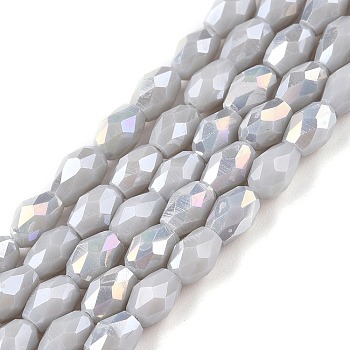 Opaque Solid Color Electroplate Glass Beads Strands, AB Color Plated, Faceted, Teardrop, Slate Gray, 6x4mm, Hole: 0.9mm, about 65~67pcs/strand, 15.35~16.14 inch(39~41cm)