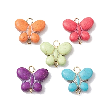 Dyed Synthetic Turquoise Butterfly Connector Charms, with Golden Tone 304 Stainless Steel Double Loops, Mixed Color, 17x20x5.5mm, Hole: 2mm