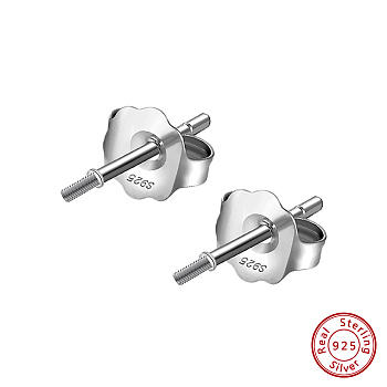 925 Sterling Silver Stud Earring Findings, For Half Drilled Beads, Real Platinum Plated, 13.5x2.5mm, Pin: 1mm and 11x0.9mm
