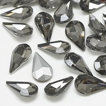 Pointed Back Glass Rhinestone Cabochons, Back Plated, Faceted, teardrop, Black Diamond, 10x6x3mm