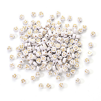 Opaque White Acrylic Beads, Metal Enlaced, Flat Round with Expression, Golden Plated, 7x4mm, Hole: 1.6mm, 200pcs/set