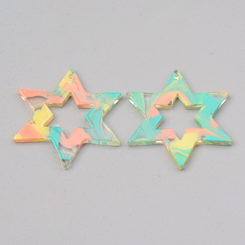 Acrylic Pendants, for DIY Bracelet Necklace Earring Jewelry Craft Making, Star, Colorful, 34x30x2.5mm, Hole: 1.5mm