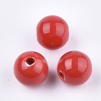 Handmade Porcelain Beads, Bright Glazed Porcelain, Round, Red, 14~14.5x13.5~14mm, Hole: 2.5~3mm