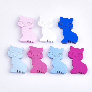 Kitten Natural Wood Beads, Dyed, Cartoon Cat Shape, Mixed Color, 29x24x5mm, Hole: 2mm, about 545pcs/500g