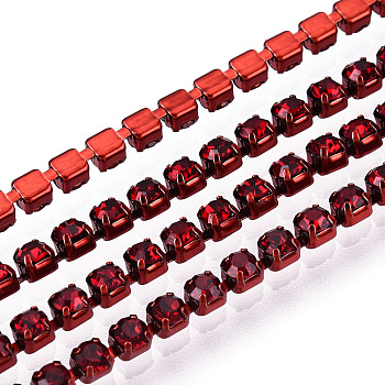 Electrophoresis Iron Rhinestone Strass Chains, Rhinestone Cup Chains, with Spool, Siam, SS12, 3~3.2mm, about 10yards/roll
