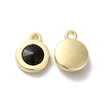Alloy Pendant, with Glass, Light Gold, Lead Free & Cadmium Free, Falt Round Charm, Black, 12.5x10x4mm, Hole: 1.5mm