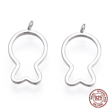 Rhodium Plated 925 Sterling Silver Charms, Hollow Fish Charms, Nickel Free, Real Platinum Plated, 14x8x1mm, Hole: 1.2mm