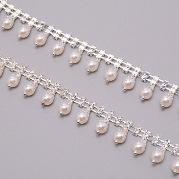 Brass & ABS Imitation Pearl & Rhinestone Cup Chains, with Iron, with Spool, Silver, 20x8mm