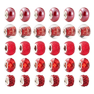 DIY Jewelry Making Kits, Including 50Pcs 5 Style Rondelle Acrylic & Polymer Clay Rhinestone & Resin Rhinestone & Transparent Glass & Pearlized Handmade Porcelain European Beads, Red, 10~16x7~10mm, Hole: 4.5~5mm, 10pcs/style(DIY-LS0001-78A)