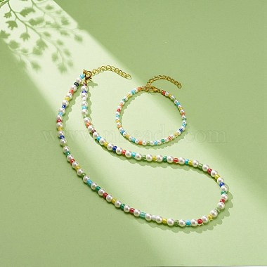 Natural Shell & Glass Seed Beaded Necklace Bracelet(SJEW-JS01245)-2