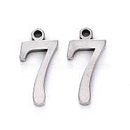 201 Stainless Steel Charms, Number, Laser Cut, Stainless Steel Color, Num.7, 15x7.5x1.5mm, Hole: 1.5mm(STAS-R108-07)