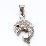 304 Stainless Steel Dolphin Pendants, with Polymer Clay Crystal Rhinestones, Stainless Steel Color, 23x14x4mm, Hole: 4x6mm(STAS-L130-22)