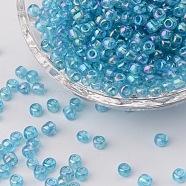 (Repacking Service Available) Round Glass Seed Beads, Transparent Colours Rainbow, Round, Aqua, 6/0, 4mm, about 12g/bag(SEED-C016-4mm-163)