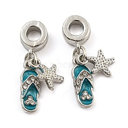 Rack Plating Alloy Enamel Slippers & Starfish European Dangle Charms, Large Hole Pendants, with Crystal Rhinestone, Platinum, Cadmium Free & Nickel Free & Lead Free, Turquoise, 29mm, Hole: 4.5mm, Slippers: 15.5x6x3mm, Starfish: 11x7.5x2mm(FIND-B034-02P)